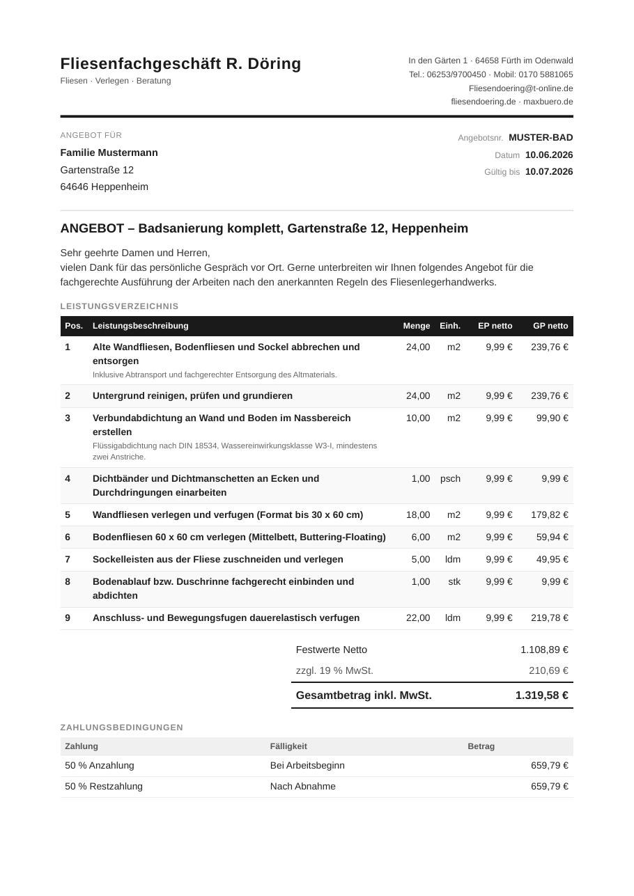 Vorschau: von Max erstelltes Angebot für eine Badsanierung